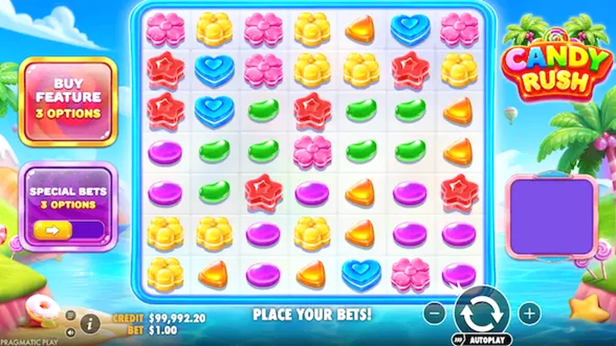 Tampilan visual slot Candy Rush dengan elemen permen yang cerah dan berwarna-warni.
