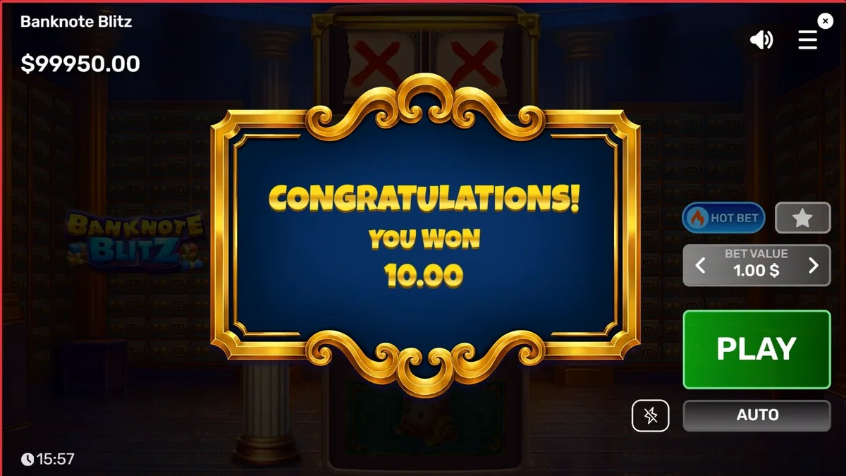 Tampilan visual mewah dari slot Banknote Blitz dengan tema brankas bank.